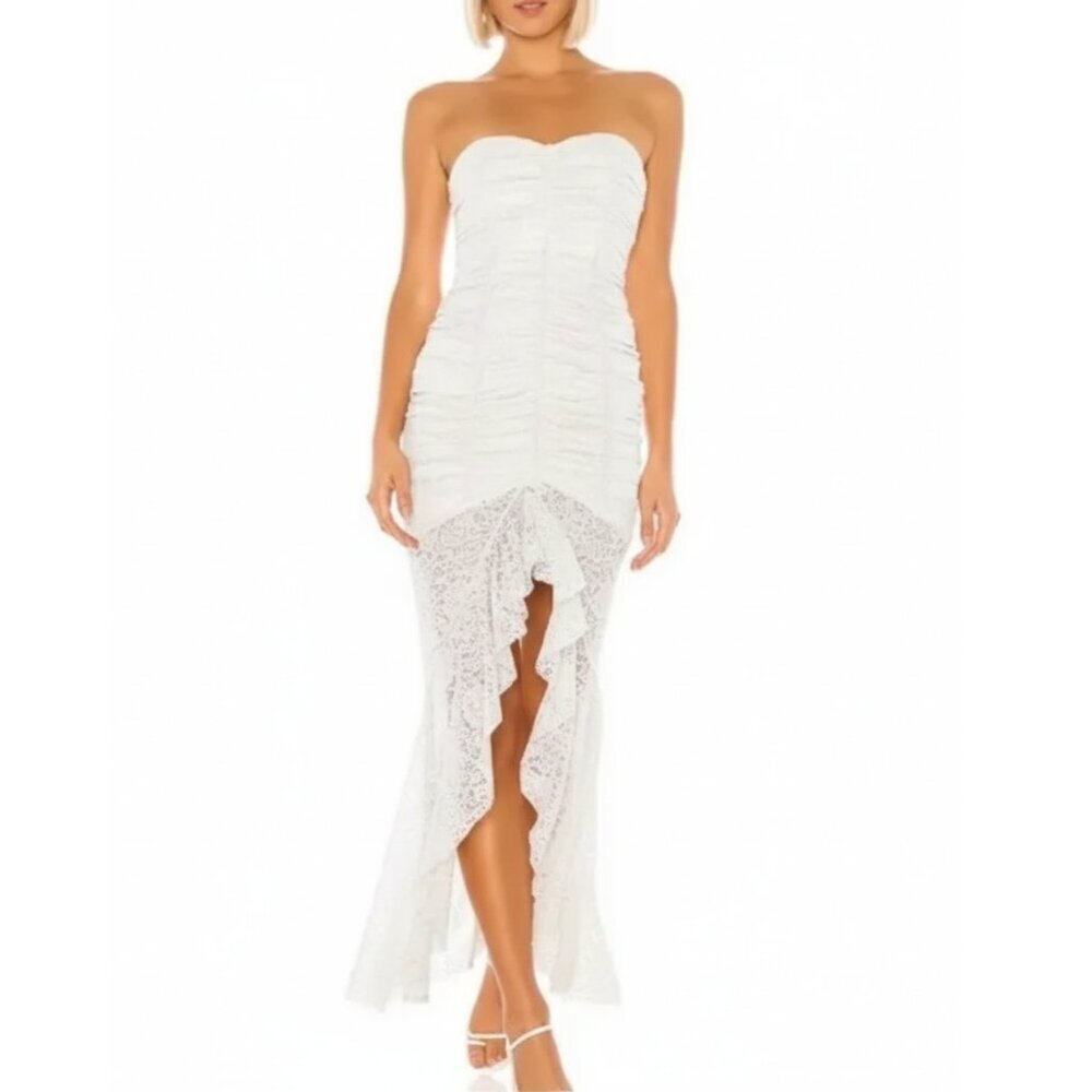 NEW NBD Revolve "Chun Li" Ruched Lace Strapless High Low Dress in White Sz. S